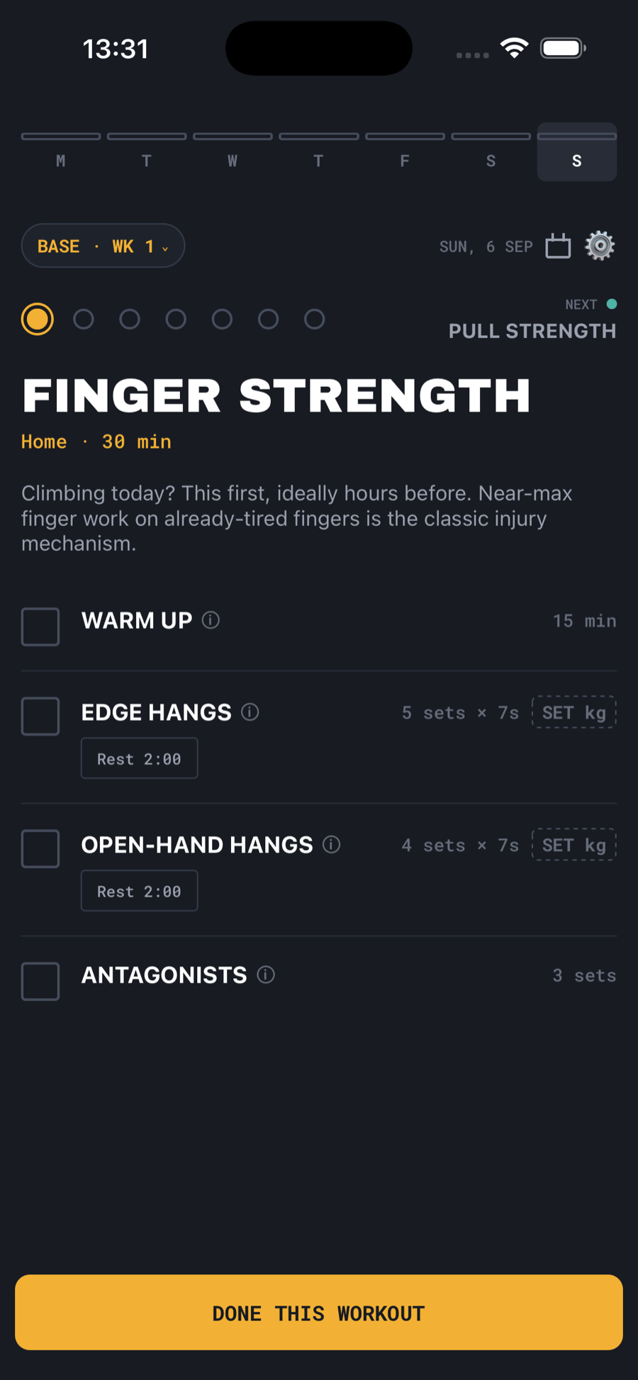 The Deadpoint daily card, showing today's session, its exercises, rest timers and a Done This Workout button.