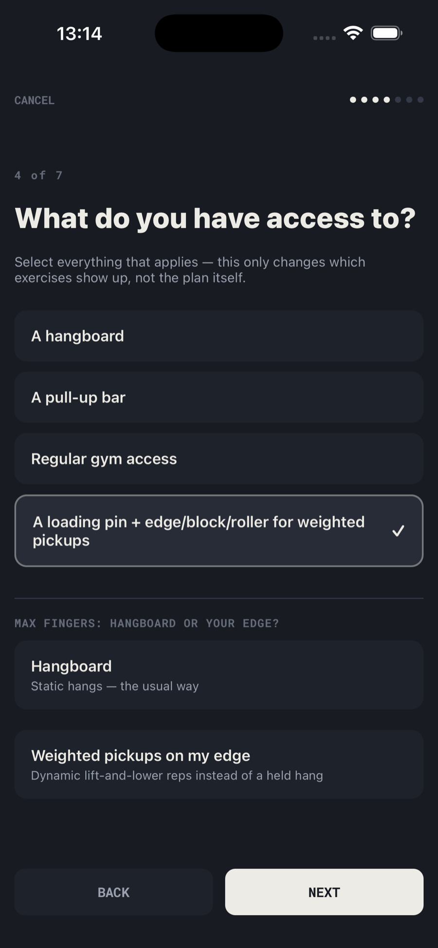 Quiz step asking what equipment you have