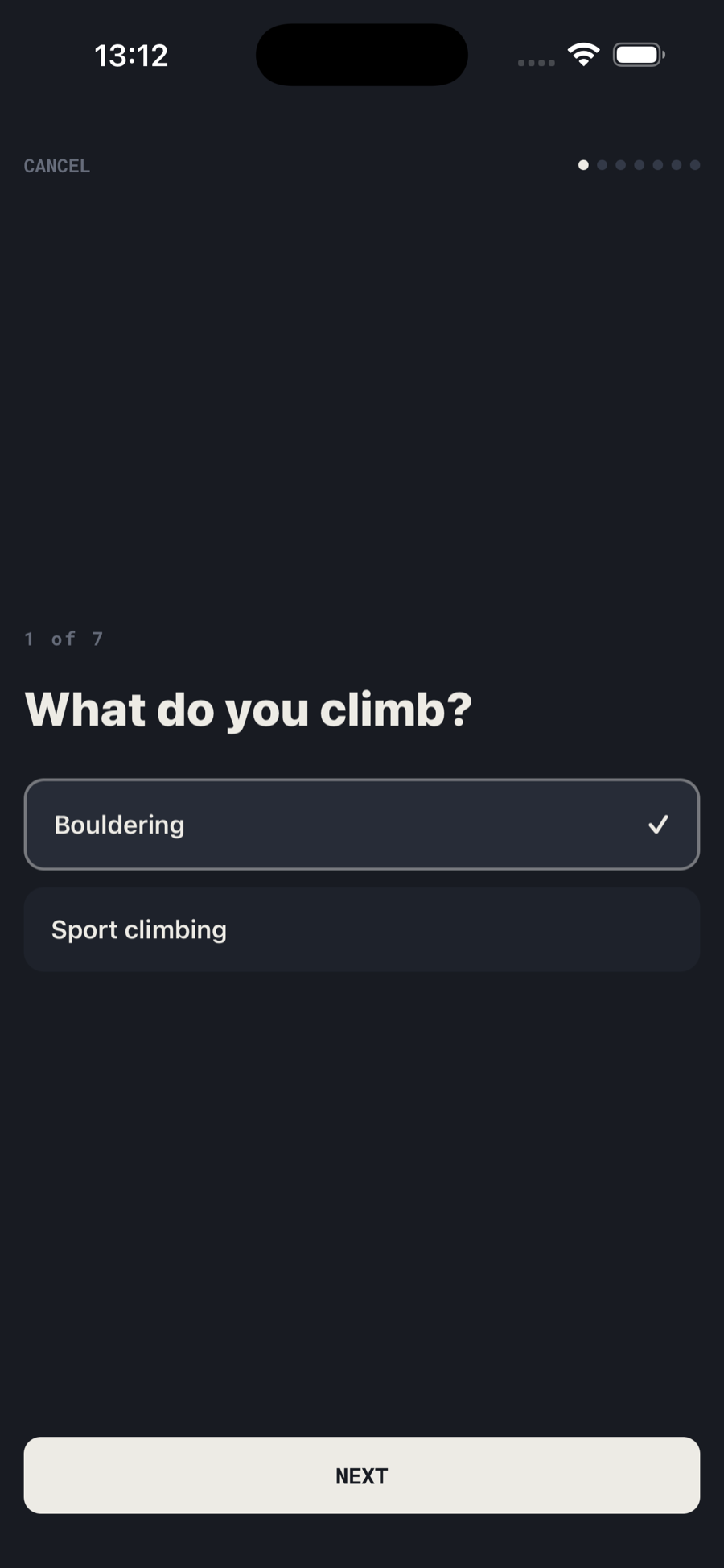 Quiz step asking bouldering or sport