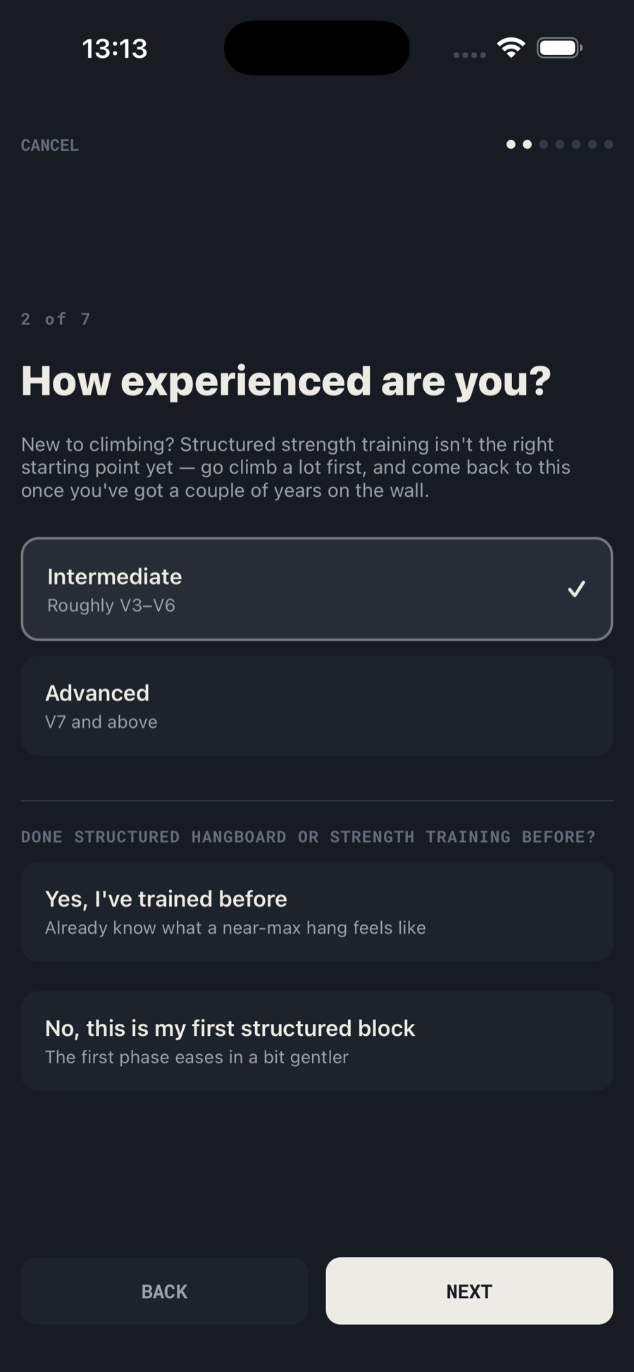Quiz step asking about experience level